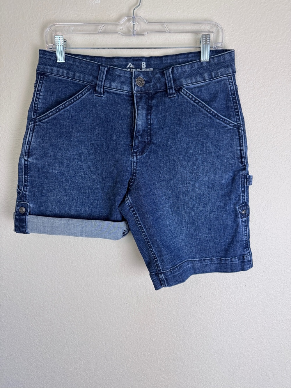Ridgecut Toughwear Women’s Blue Denim Mid Rise Cargo Pocket Cuffed Shorts ~ 8